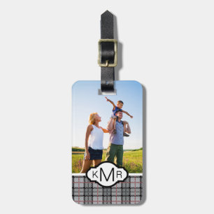 Custom Photo & Monogram Pixel Plaid in Grey & Red Luggage Tag