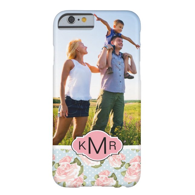 Custom Photo & Monogram roses with blue polka dots Case-Mate iPhone Case (Back)