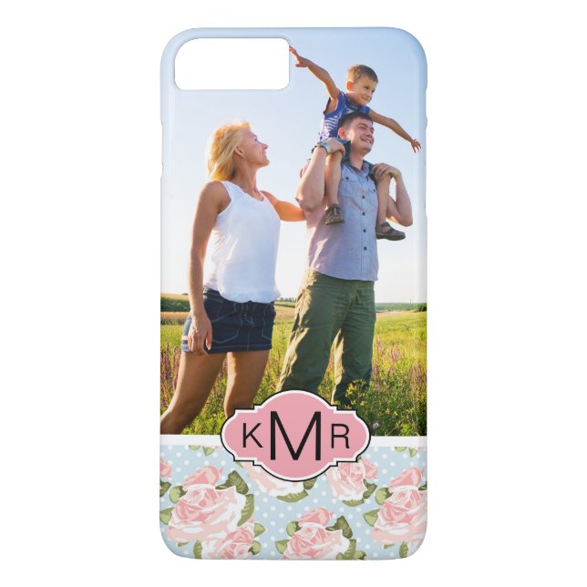 Custom Photo & Monogram roses with blue polka dots Case-Mate iPhone Case (Back)