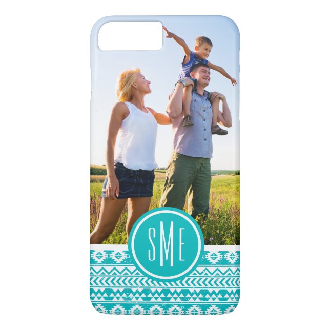 Custom Photo & Monogram Teal Aztec Tribal Pattern Case-Mate iPhone Case (Back)