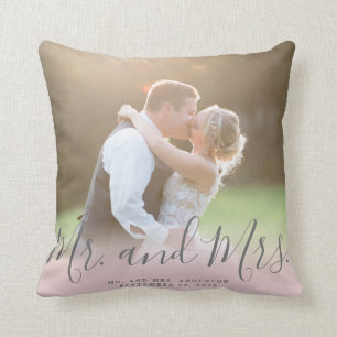Custom Photo Mr and Mrs Pink Grey Script Wedding Throw Pillow