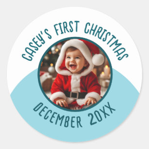 Custom Photo Name add Year Baby's First Christmas Classic Round Sticker