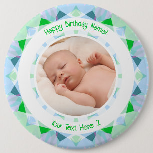 Custom Photo Name Age Blue Green Birthday Star 6 Inch Round Button