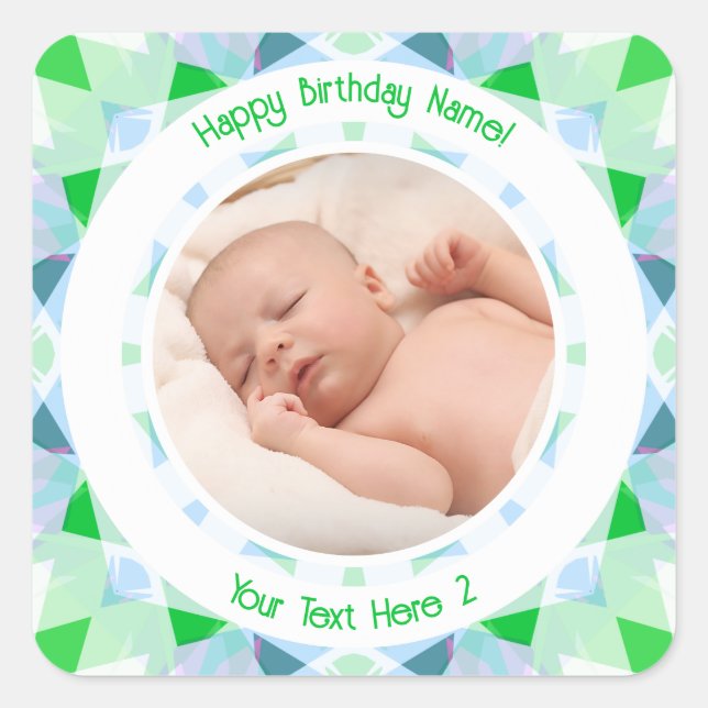 Custom Photo Name Age Blue Green Birthday Star Square Sticker (Front)