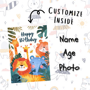 Custom Photo Name Age Cute Animals Illustration Card
