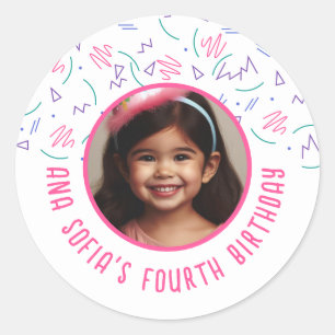 Custom Photo Name Any Age Birthday 90s Pattern Classic Round Sticker