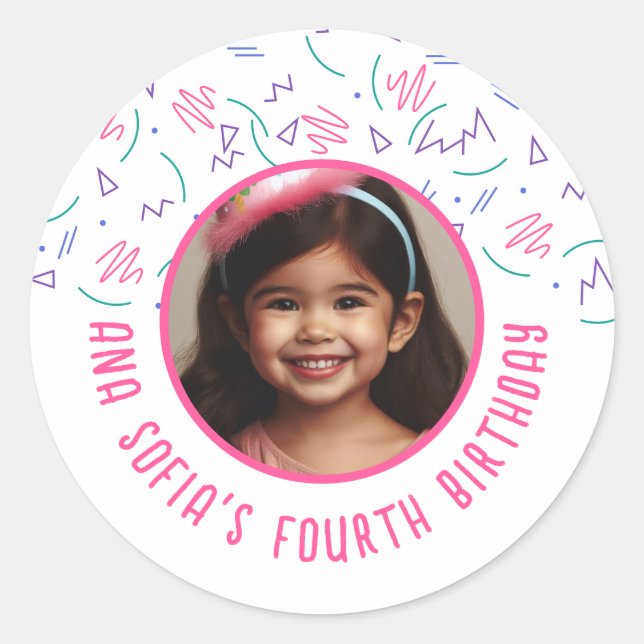 Custom Photo Name Any Age Birthday 90s Pattern Classic Round Sticker (Front)