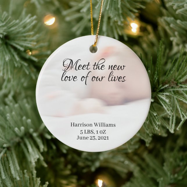 Custom photo name Baby Birth Announcement Ceramic Ornament (Tree)