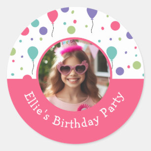 Custom Photo Name Balloon Confetti Birthday Party Classic Round Sticker