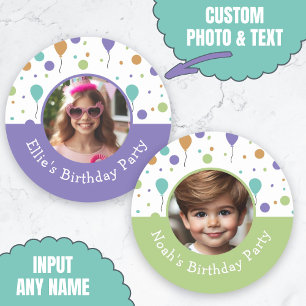 Custom Photo Name Balloon Confetti Birthday Party Classic Round Sticker