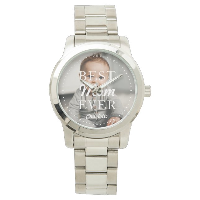 Custom Photo Name Best Mom Ever Silver Watch (Front)