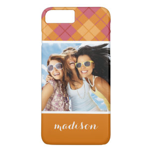 Custom Photo & Name Bias Plaid in Orange and Pink iPhone 8 Plus/7 Plus Case