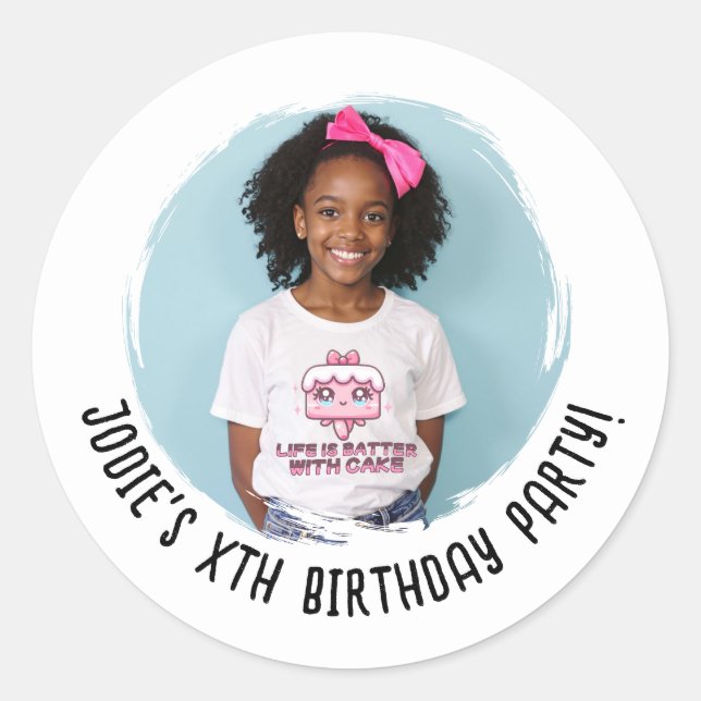 Custom Photo Name Birthday Party Any Age Classic Round Sticker (Front)