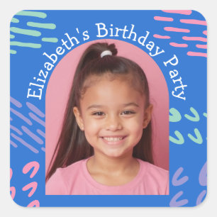 Custom Photo Name Birthday Party Arch Doodles Square Sticker