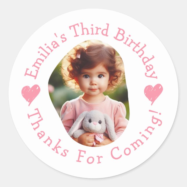 Custom Photo Name Birthday Thank You Favours Classic Round Sticker (Front)