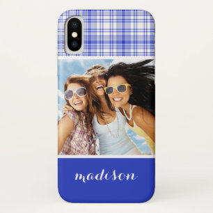 Custom Photo & Name Blue White Plaid 2 Case-Mate iPhone Case