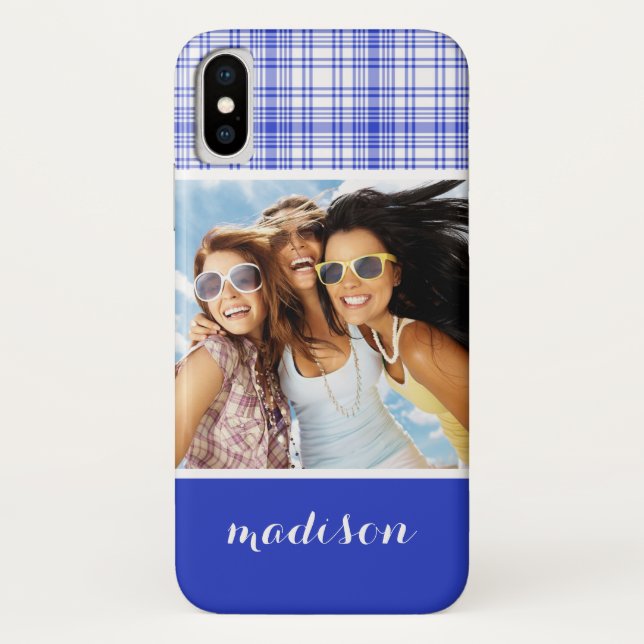 Custom Photo & Name Blue White Plaid 2 Case-Mate iPhone Case (Back)