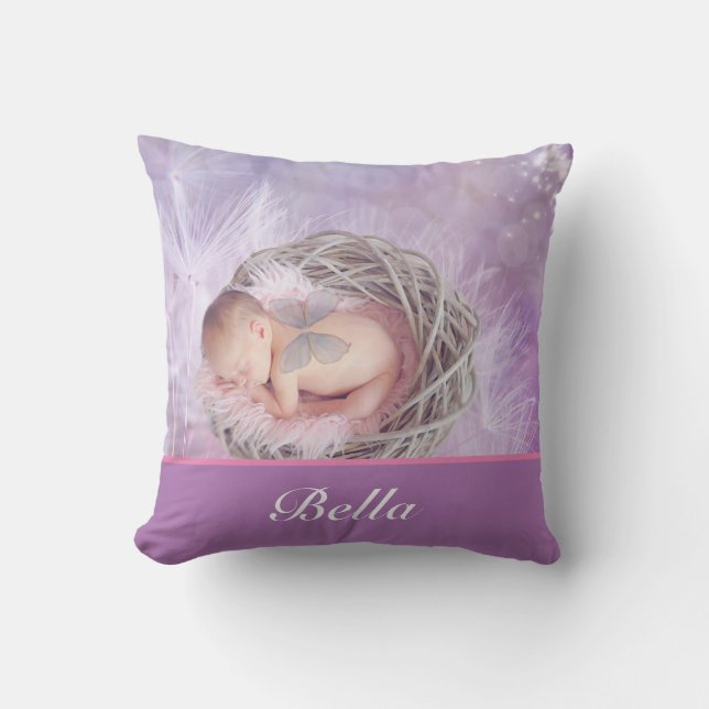 Custom Photo & Name Butterfly Pattern Throw Pillow (Front)