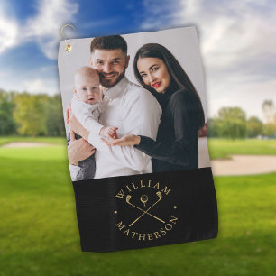Custom Photo Name Clubs And Ball Black And Gold Golf Towel