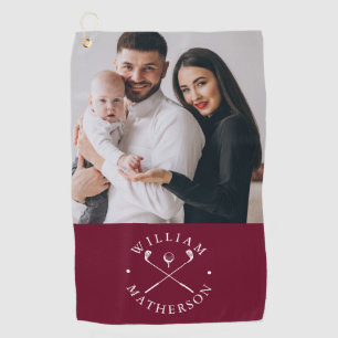Custom Photo Name Clubs And Ball Burgundy White Golf Towel