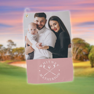 Custom Photo Name Clubs And Ball Dusty Rose White Golf Towel