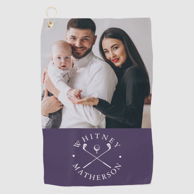 Custom Photo Name Clubs And Ball Purple And White Golf Towel (Front)