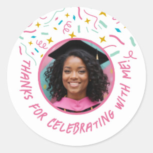 Custom Photo Name Confetti Graduation Thank You Classic Round Sticker