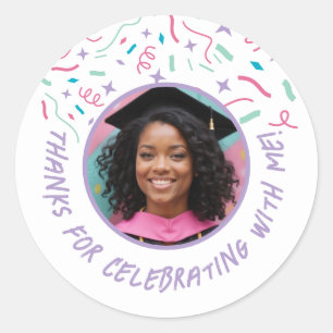 Custom Photo Name Confetti Graduation Thank You  Classic Round Sticker