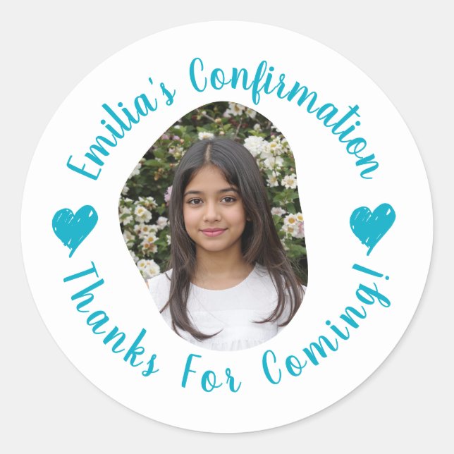 Custom Photo Name Confirmation Thank You Favours Classic Round Sticker (Front)