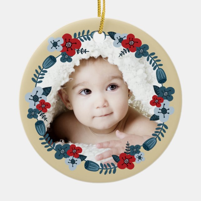 Custom Photo Name Date Scandinavian Floral Wreath Ceramic Ornament (Front)