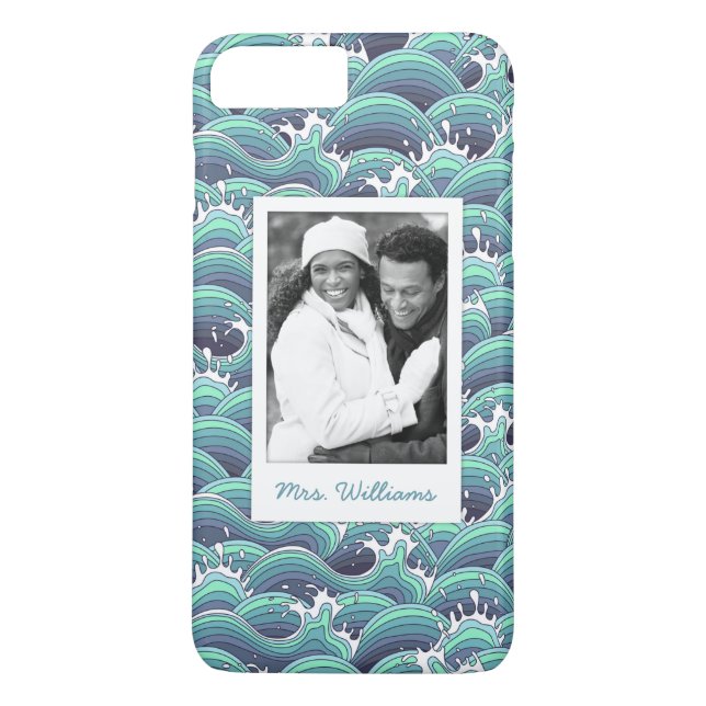 Custom Photo & Name Decorative Sea Wave Background Case-Mate iPhone Case (Back)