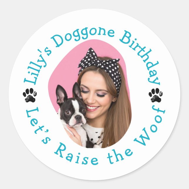 Custom Photo Name Doggone Birthday Party Classic Round Sticker (Front)