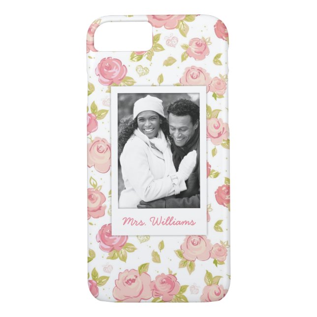Custom Photo & Name Elegant pink roses 3 Case-Mate iPhone Case (Back)