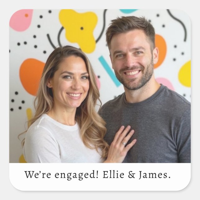 Custom Photo Name Engagement Announcement Script Square Sticker (Front)