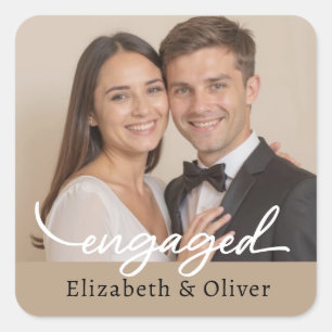Custom Photo Name Engagement Modern Script Square Sticker