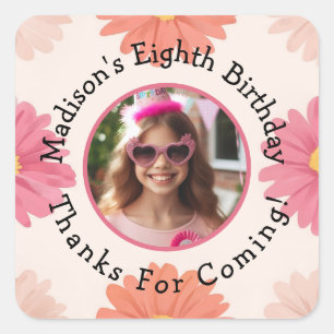 Custom Photo Name Floral Birthday Thank You Square Sticker