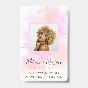 Custom Photo Name Gold Pink Watercolor Staff  Badge