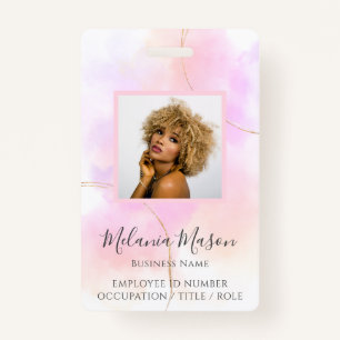 Custom Photo Name Gold Pink Watercolor Staff  Badge