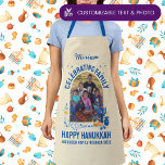 Custom Photo Name HANUKKAH FAMILY REUNION  Apron<br><div class="desc">Stylish Hanukkah apron in YELLOW for HANUKKAH FAMILY REUNION with CUSTOMIZABLE PHOTO AND NAME. Ideal memento of your special family occasion. Design includes popular Chanukah elements including dreidel, menorah, latke, and Star of David, in blue and orange colorway. Upload your photo and personalize with your name and/or title of your...</div>