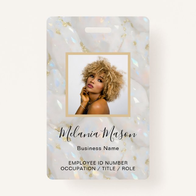 Custom Photo Name Holographic Faux Opal Stone Badge (Front)