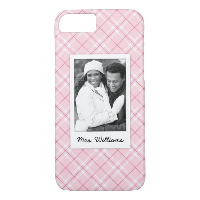 Custom Photo & Name Light Pink Plaid Case-Mate iPhone Case (Back)
