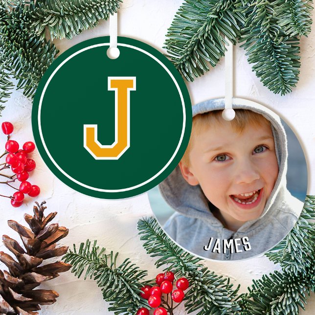 Custom Photo Name Monogram Green Gold Retro Metal Ornament (Creator Uploaded)