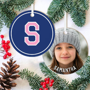 Custom Photo Name Monogram Navy Blue Pink Retro Metal Ornament