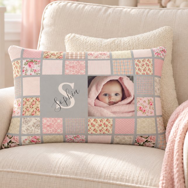 Custom Photo Name Monogram Pink Patchwork Accent Pillow (Creator Uploaded)