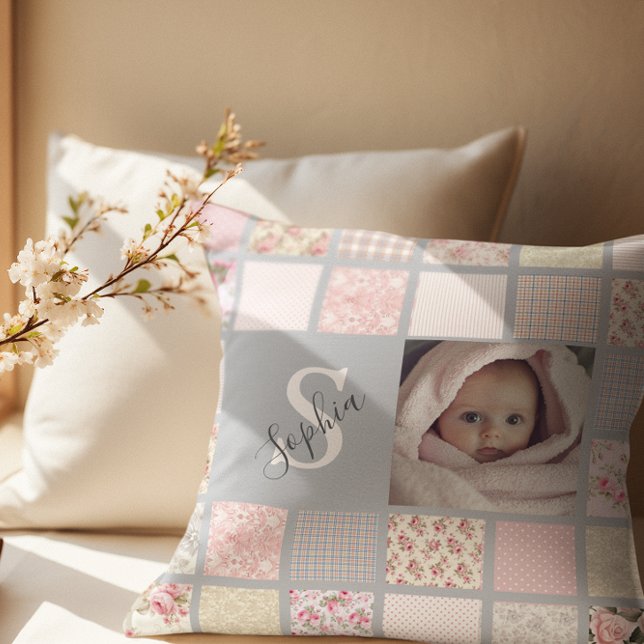 Custom Photo Name Monogram Pink Patchwork Throw Pillow (Creator Uploaded)