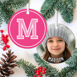 Custom Photo Name Monogram Pink Retro Metal Ornament