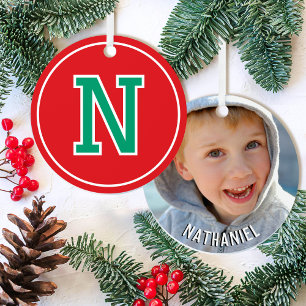 Custom Photo Name Monogram Red Green Retro Metal Ornament