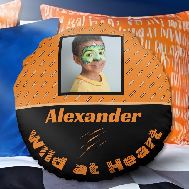 Custom Photo Name Orange Black Personalized Tiger  Round Pillow (Creator Uploaded)