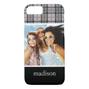 Custom Photo & Name Pixel Plaid in Grey & Red iPhone 8/7 Case