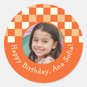 Custom Photo Name Plaid Gingham Birthday Party Classic Round Sticker